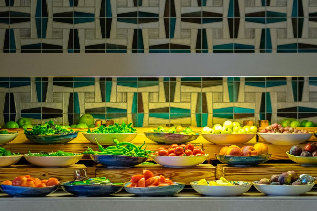 assorted Vegetables and fruits buffet catering in hotel breakfast